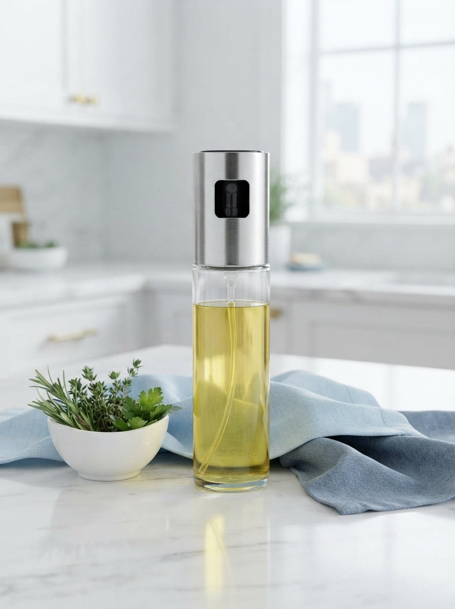 A glass oil sprayer dispenser sitting on a marble countertop next to blue kitchen linens and fresh herbs in a bright kitchen.